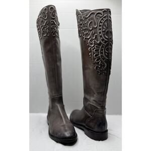 Gianni Bini Gray Taupe Leather Riding Style Knee High Boot Size 8.5 Embroidered
